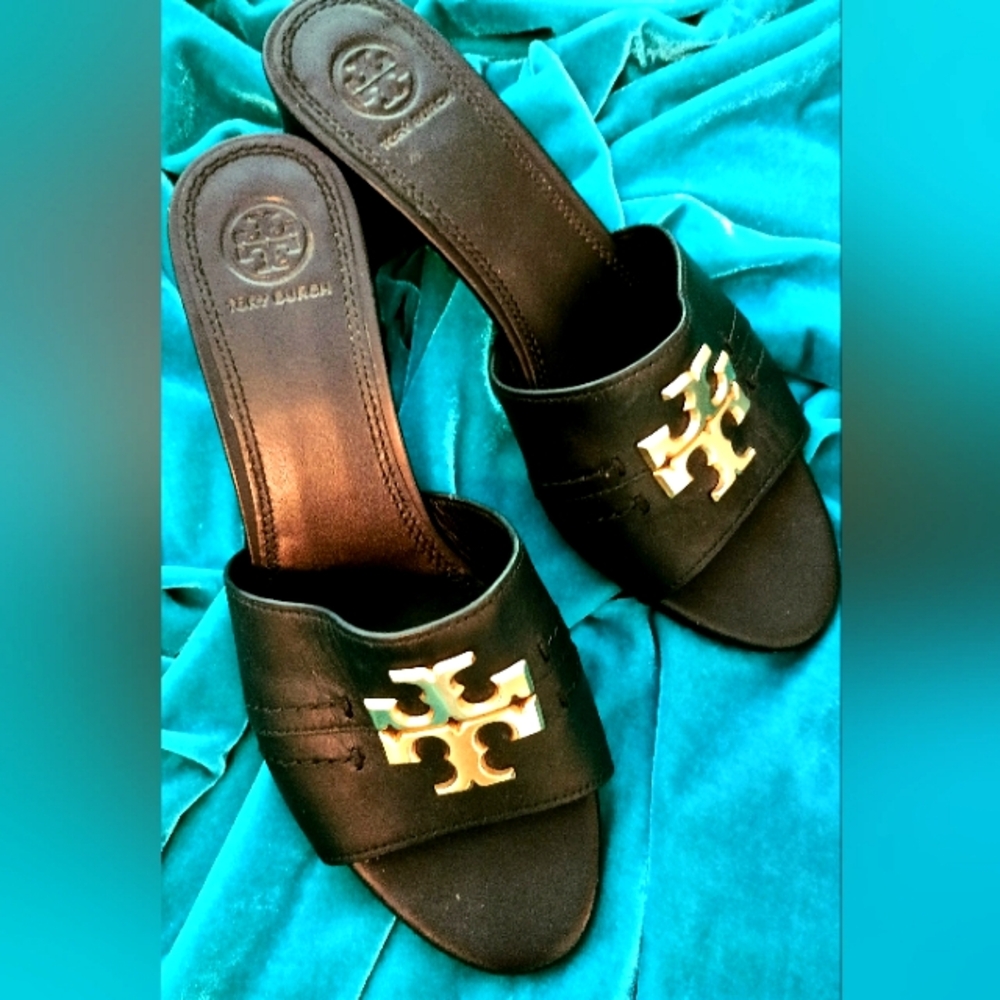 TORY BURCH Size 7 Black Leather Sandal Slides with Block Heel